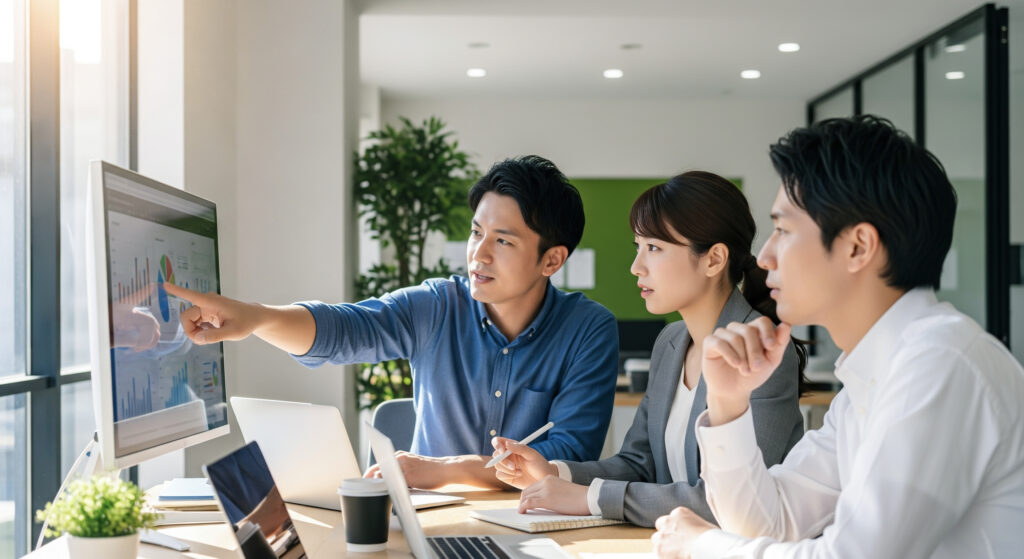 市場調査の分析データを指差し確認する企業の担当者たち